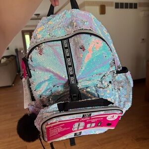 Justice Large Silver Sequins 4-Piece Backpack Set Black Trim Pom School Girl